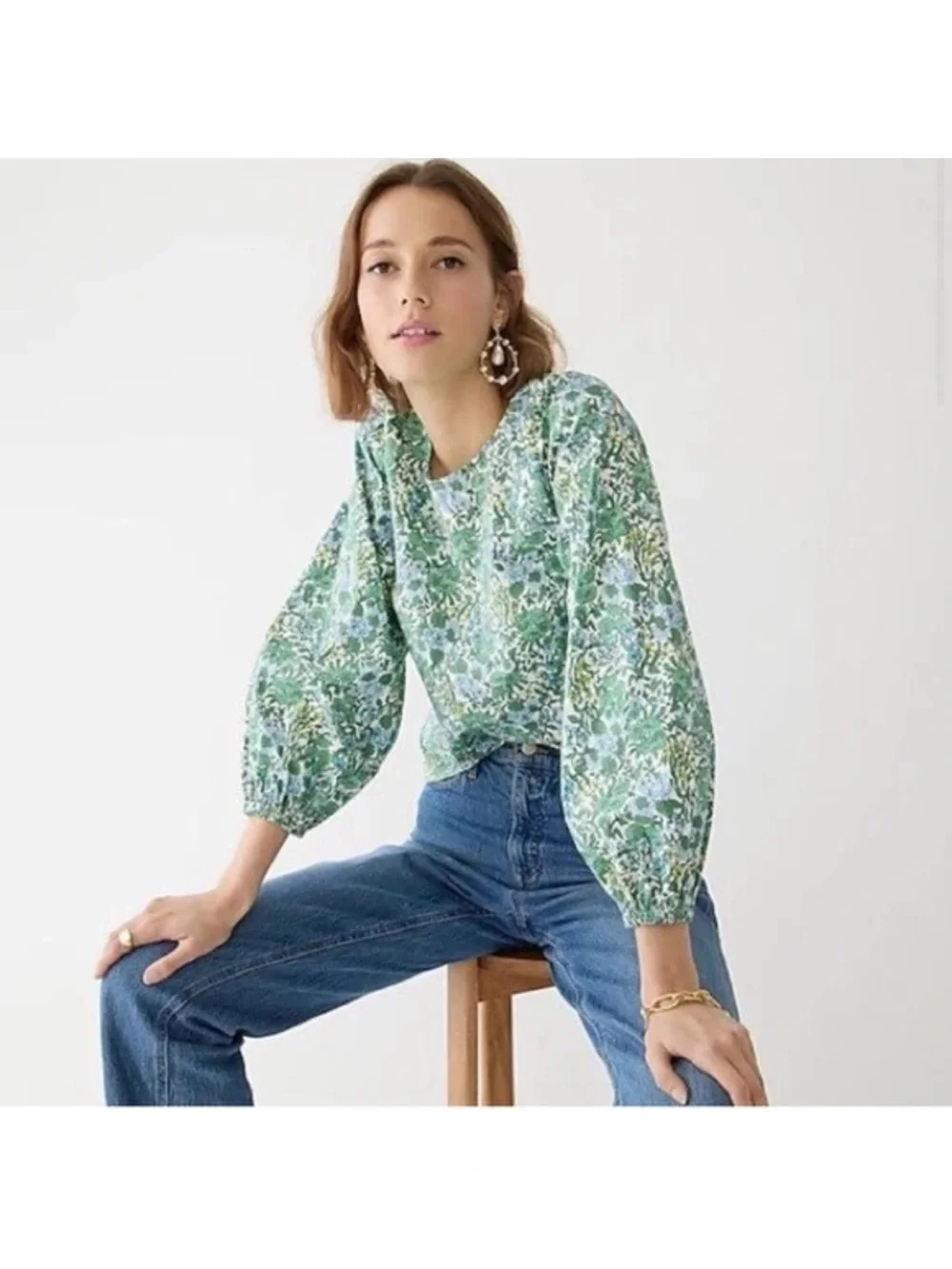 J.Crew Tie-Back Stretch Cotton Poplin-blend Top Blouse Fete Floral Green Sz. 14 - Picture 3 of 15